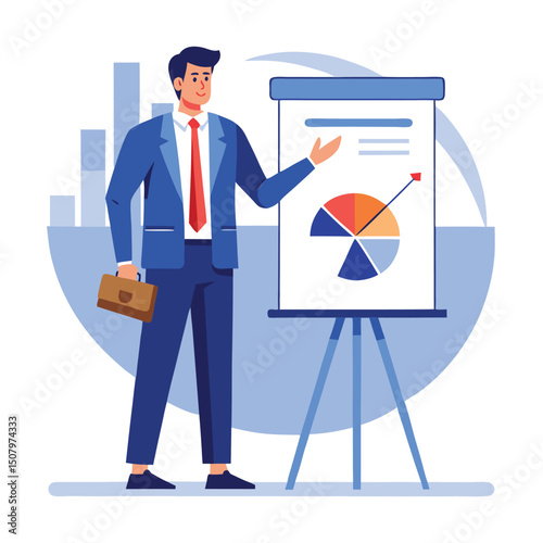 Business professional presenting financial data and business analysis on a flip chart during a meeting
