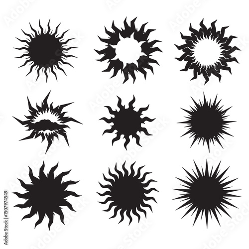 A collection of nine artistic sun designs featuring stylized black silhouettes on a pure white background for versatile creative applications.