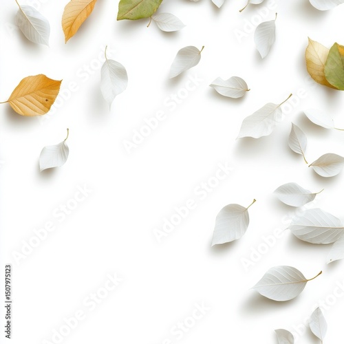 A collection of autumn leaves scattered on a white background, showcasing nature's beauty.