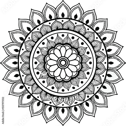 A detailed black-and-white floral mandala illustration featuring various flowers and leaves intricately intertwined. Circular mandala set for Henna Mehndi tattoo decoration.