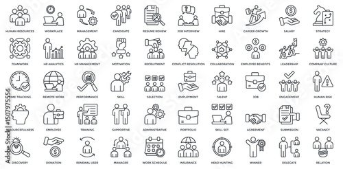 Human Resource icon set. Containing workplace, management, candidate selection, resume review, job interview, hire, career growth, salary, strategy, teamwork, HR management. Outline style