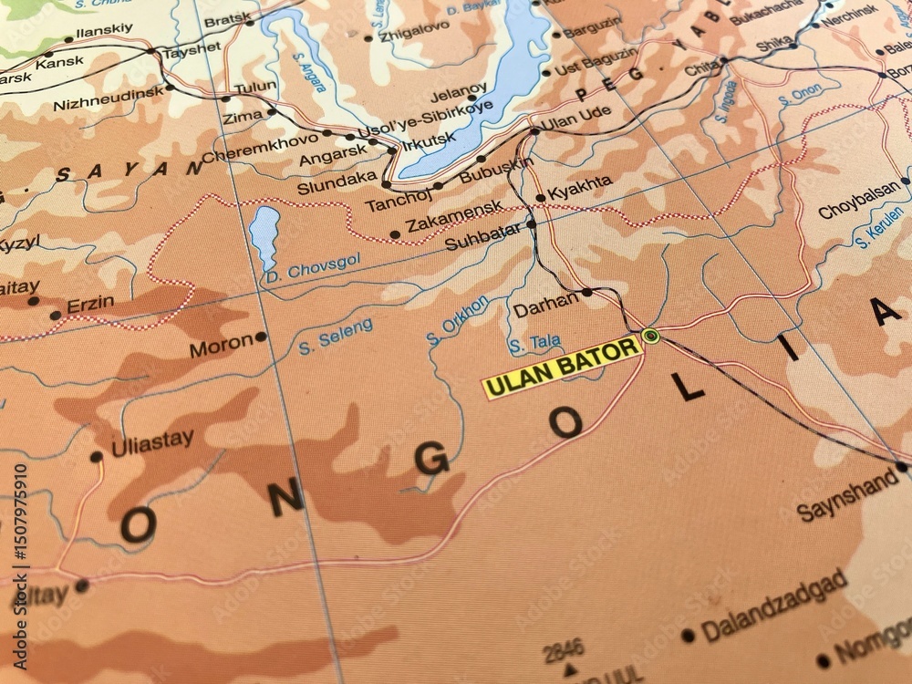Naklejka premium View of Ulaanbaatar, Capital and largest city of Mongolia, on a geographical map of Asia 