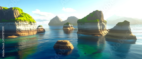 Scenic coastal landscape featuring rocky islands and tranquil waters under a bright sky depicting natural beauty