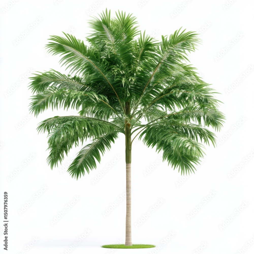 Fototapeta premium A lush palm tree showcasing vibrant green fronds and a sturdy trunk in a clean backdrop.