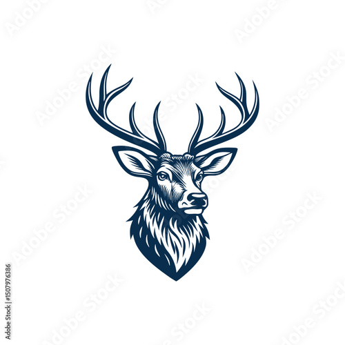 A minimalist deer iconic logo design Black and white illustration, deer head silhouette, majestic antlers, minimalist design, elegant profile, stylized wildlife art, sharp contrast, vector graphic, 