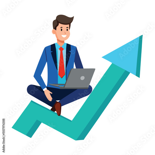 Businessman using laptop seated on rising arrow illustrating business growth and success