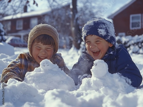 Children laughing as they create intricate snow sculptures in a snow-covered yard, Generative AI