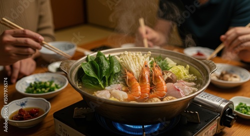 夕食に鍋を囲む人々の温かい風景