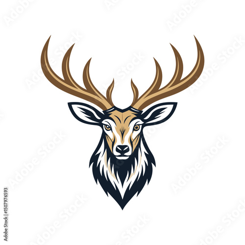 A minimalist deer iconic logo design Black and white illustration, deer head silhouette, majestic antlers, minimalist design, elegant profile, stylized wildlife art, sharp contrast, vector graphic, 