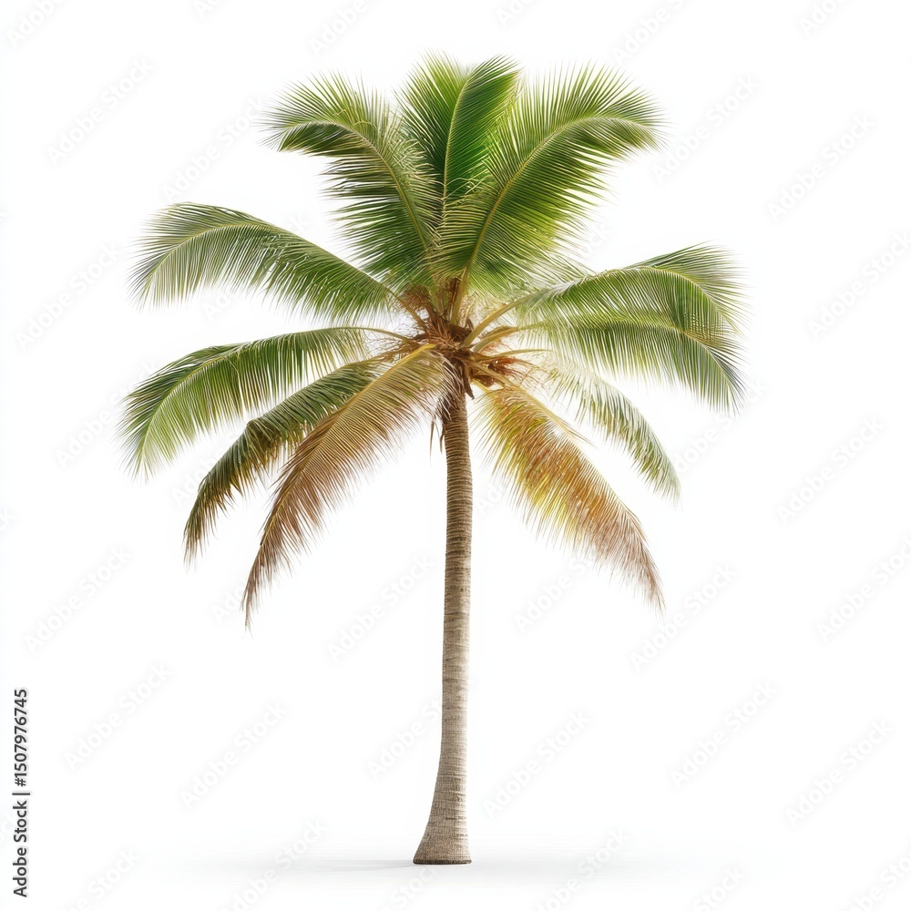 Obraz premium A serene coconut palm tree showcasing lush green fronds and a slim trunk.