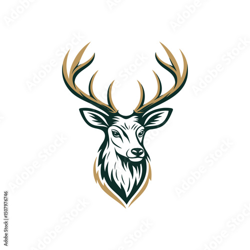 A minimalist deer iconic logo design Black and white illustration, deer head silhouette, majestic antlers, minimalist design, elegant profile, stylized wildlife art, sharp contrast, vector graphic, 