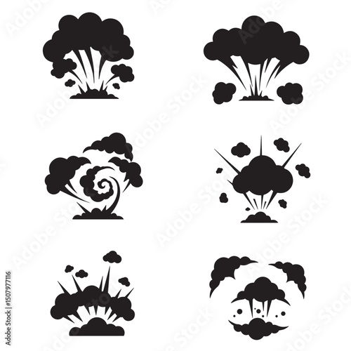 Set of isolated black silhouette explosions depicting explosions and comic boom effects vector illustration