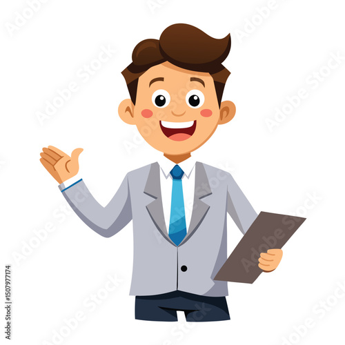 Cartoon illustration of a cheerful businessman presenting with clipboard and a smile