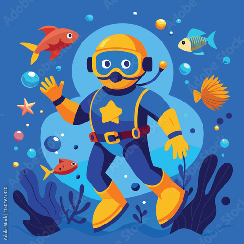 Cartoon illustration of a friendly diver exploring the ocean with playful marine life