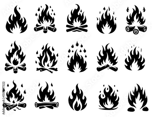 Fire flame silhouette icon set. Flaming campfire, Fire flames silhouette isolated on white background