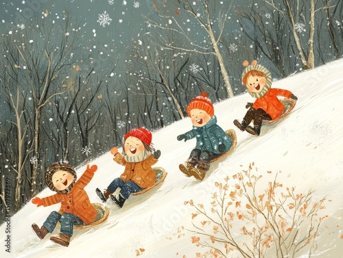 Children sliding down a snowy hill laughing as snowflakes gently fall around them, Generative AI