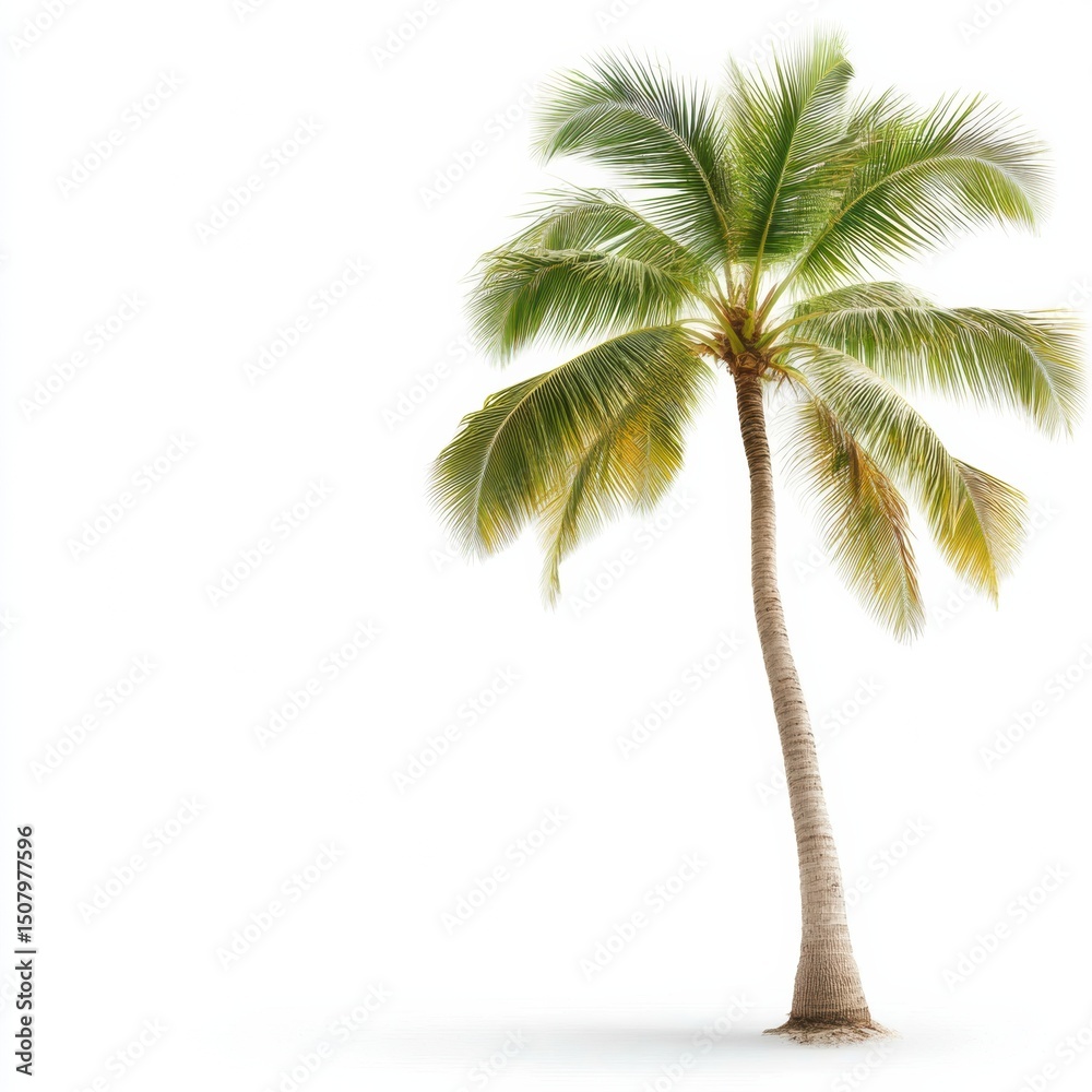 Obraz premium A tall, vibrant palm tree against a bright white background, evoking tropical vibes.