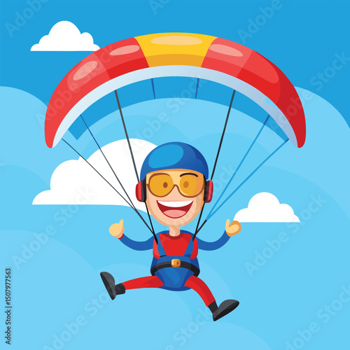 Cartoon illustration of a happy person parachuting through a bright blue sky with clouds