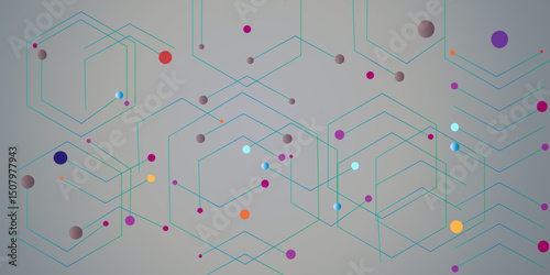 modern abstract design featuring interconnected hexagons and colorful dots on a gradient gray background, perfect for technology or science themed projects.