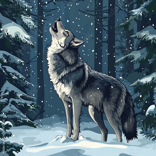Majestic wolf howls at the snowfall in a winter forest.