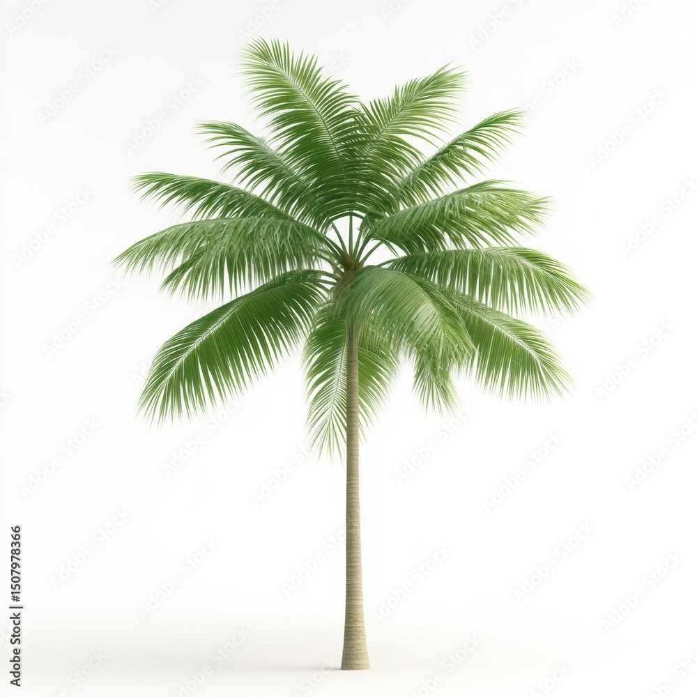 Obraz premium A vibrant green palm tree stands tall against a clean, white background.