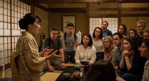 着物姿の女性が日本の茶室で茶道について多国籍なグループに説明する様子