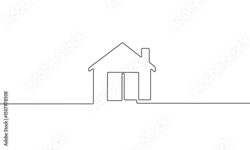 Continuous line drawing of exterior appearance of the front of the house with a roof. Modern. Townhouse building apartment. Home facade with doors and windows. house, roof, real estate . EPS 20 . 