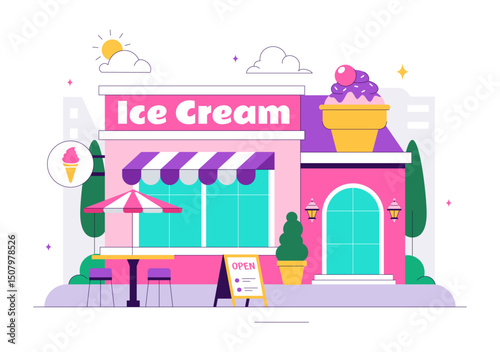 Ice Cream Store Vector Illustration featuring a Building for Selling Delicious Desserts and Various Flavors in a Flat Style Cartoon Background