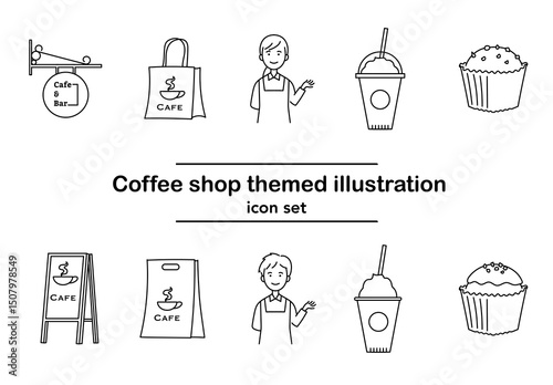 カフェショップをテーマにしたシンプルな線画アイコンセット｜看板,立て看板,フラペチーノ,店員,カップケーキなどのベクター素材