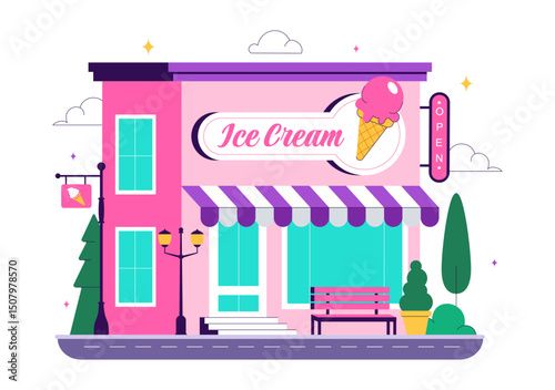 Ice Cream Store Vector Illustration featuring a Building for Selling Delicious Desserts and Various Flavors in a Flat Style Cartoon Background