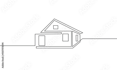 Continuous line drawing of exterior appearance of the front of the house with a roof. Modern. Townhouse building apartment. Home facade with doors and windows. house, roof, real estate . EPS 20 . 