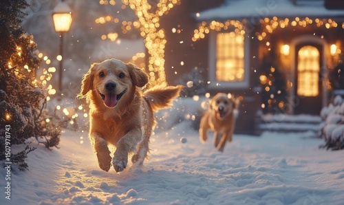 Dogs chasing snowballs through a frosted yard surrounded by softly glowing holiday decorations, Generative AI