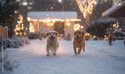 Dogs chasing snowballs through a frosted yard surrounded by softly glowing holiday decorations, Generative AI