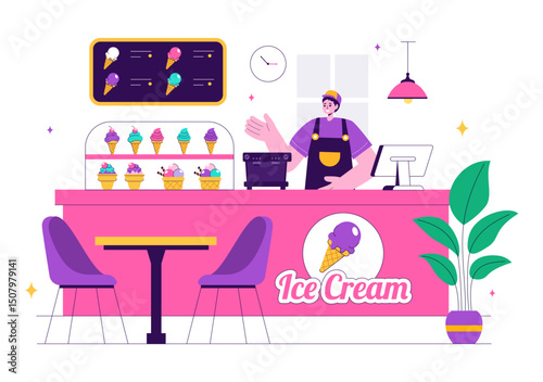 Ice Cream Store Vector Illustration featuring a Building for Selling Delicious Desserts and Various Flavors in a Flat Style Cartoon Background
