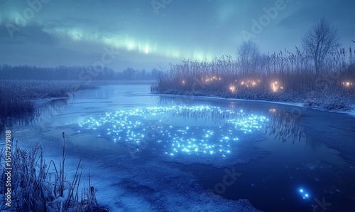 Aurora reflecting in the icy surface of a tranquil frozen pond surrounded by glowing reeds, Generative AI