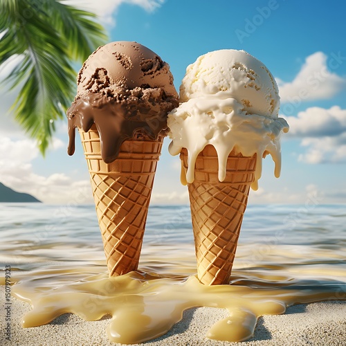Melting ice cream cones on a sandy beach.