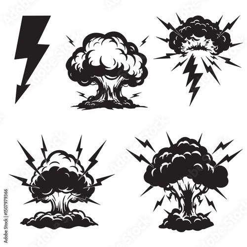 A dramatic set of vector illustrations depicting explosive bomb clouds with flashes of lightning perfect for print or design use.