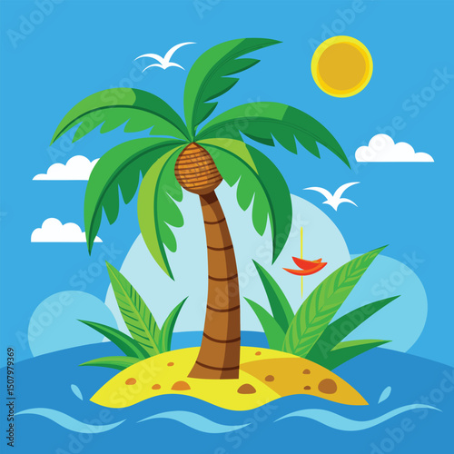 Cartoon illustration of tropical island paradise with palm tree sun birds and ocean waves