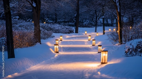 Lantern-lit skating trail winding through a quiet park with frosted branches illuminated softly, Generative AI