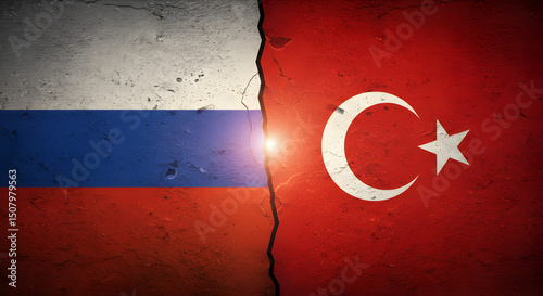 Russia and Turkey Flags on Cracked Concrete Wall Symbolizing Political Tension and Geopolitical Relations with Dramatic Lighting