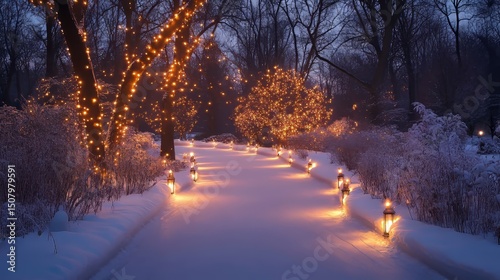 Lantern-lit skating trail winding through a quiet park with frosted branches illuminated softly, Generative AI