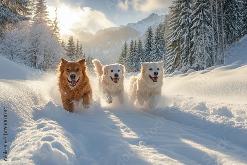 Dogs bounding through deep snow in a frosty meadow surrounded by towering evergreens, Generative AI
