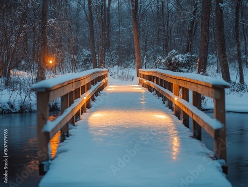 Lantern-lit wooden bridge glowing warmly as it spans a serene frozen stream in the forest, Generative AI