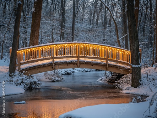 Lantern-lit wooden bridge glowing warmly as it spans a serene frozen stream in the forest, Generative AI