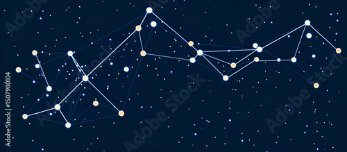A celestial illustration of a constellation connecting stars in a dark blue night sky featuring a network of white lines and glowing dots