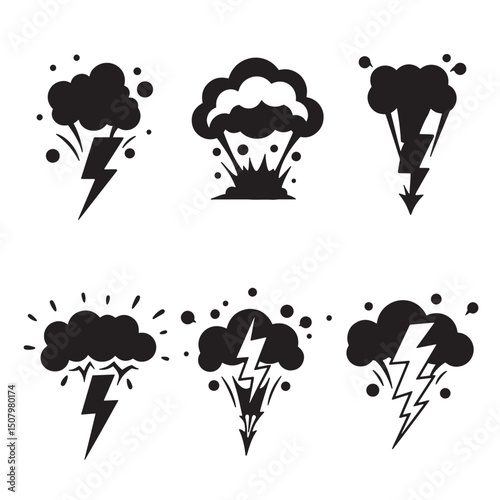Black silhouette icons depicting explosions lightning bolts and thunderstorms representing power and destruction on a white background