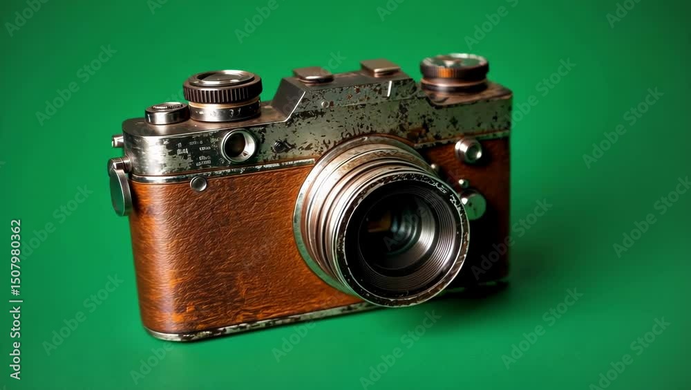 Vintage camera, weathered and worn, sits on a green background.
