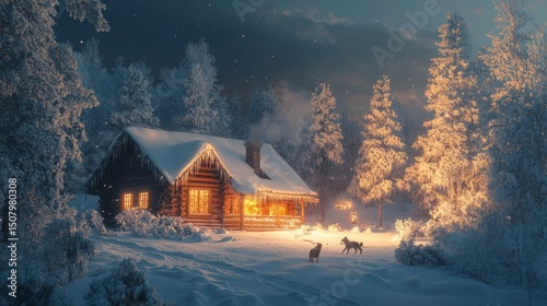 Dogs playing fetch in the snow near a glowing lodge surrounded by frosted pines, Generative AI