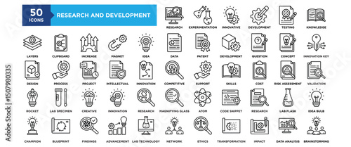 50 Research and Development icon set. Containing design Market Research, Experimentation, Innovative, Development, Testing	