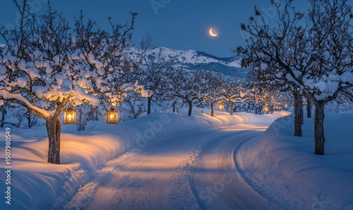 Lantern-lit trail curving through a snow-covered orchard under the glow of a crescent moon, Generative AI